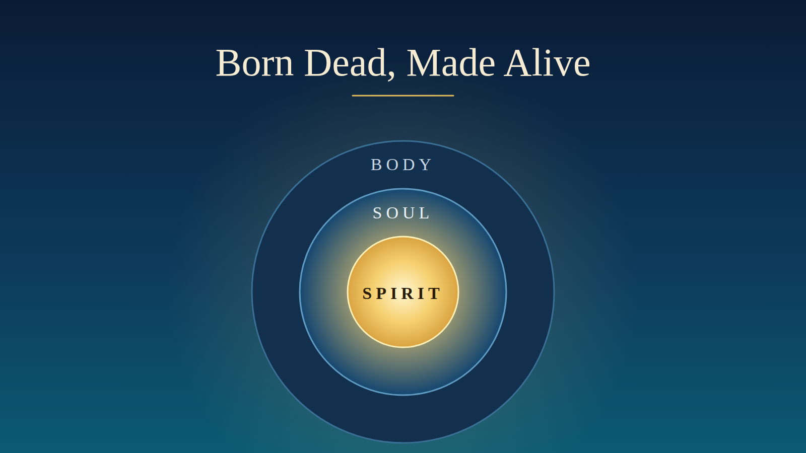 Text saying, "Born dead, made alive"  Three concentric circles.  The outer circle is labeld body.  The next circle is labeld soul.  The third circle is glowing and is labeled spirit.